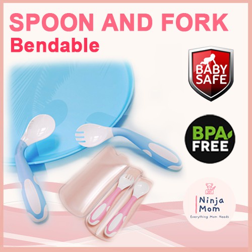 BPA FREE BENDABLE SOFT SILICONE BABY SPOON FORK SET With Case or