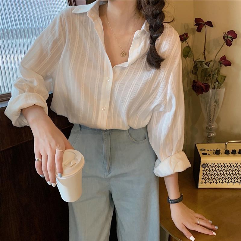 Blouse Women Gentle Stripe New Loose Casual Simple Long Sleeve | Shopee ...