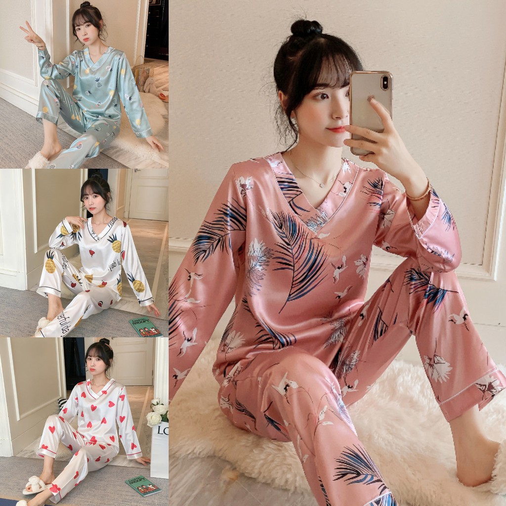 Women Baju Tidur Silk Satin Pyjamas Set Long Sleeve Sleepwear