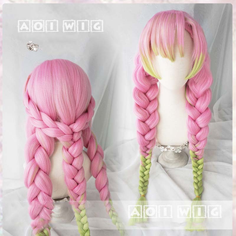 Sam Demon Slayer Cosplay Kanroji Mitsuri Wig Long Pink green Twist ...