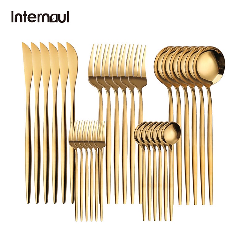 INTERNAUL 30Pcs Western Cutlery Stainless Steel Dinnerware Set Bright
