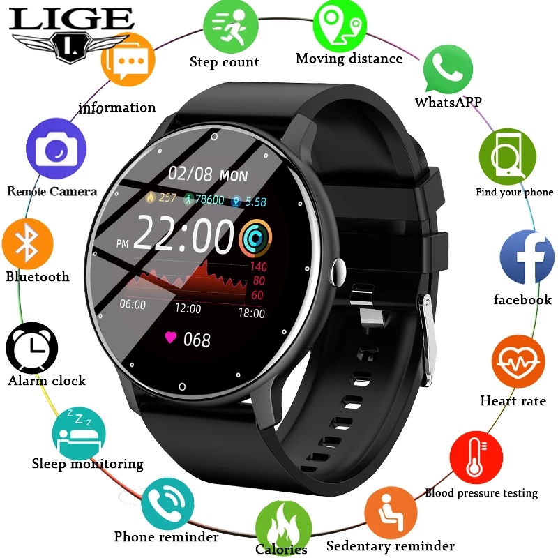 LIGE Smart Watch Original Waterproof Fitness Tracker Full Touch Screen Sport Running Watch Jam Pintar Bluetooth For Android IOS