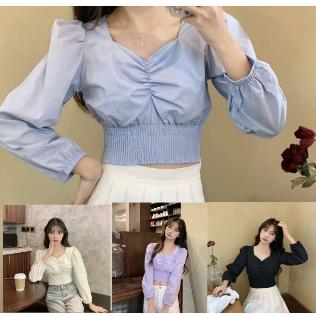 Crop Top Women Clothing Crop Top Long Sleeve Puff Sleeve Top Blouse Crop  Tops Purple Crop Top 短上衣