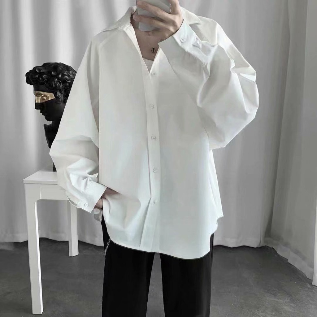 2 Color【M-3XL】Fashion Oversize Long-sleeved Shirt Men Loose Plain Shirt ...