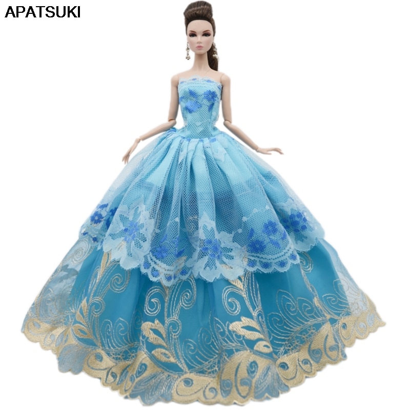 Blue Flower Lace Multi-layer Wedding Dress For Barbie Doll Outfits Clothes  Party Gown For 1/6 BJD Dolls Accessories Toys