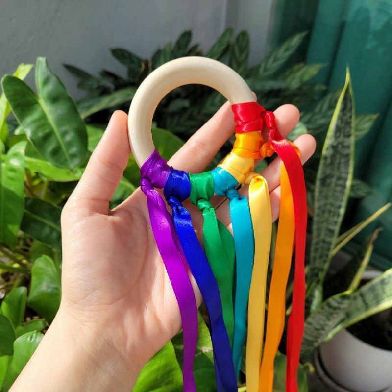 *READY STOCK* Rainbow Ribbon Wooden Ring Rattle Ring Baby Teether ...