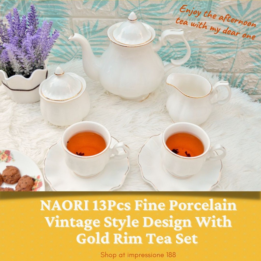 NAORI 13pcs Fine Porcelain Vintage Style Design With Gold Rim Tea Set