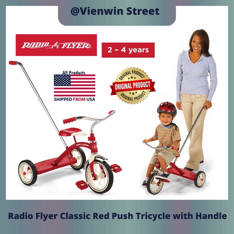 Radio Flyer Classic Red Push Tricycle with Removable Handle Trike Bicycle