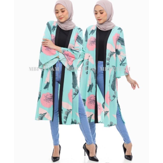 Cardigan Labuh Kimono Floral Bunga Muslimah