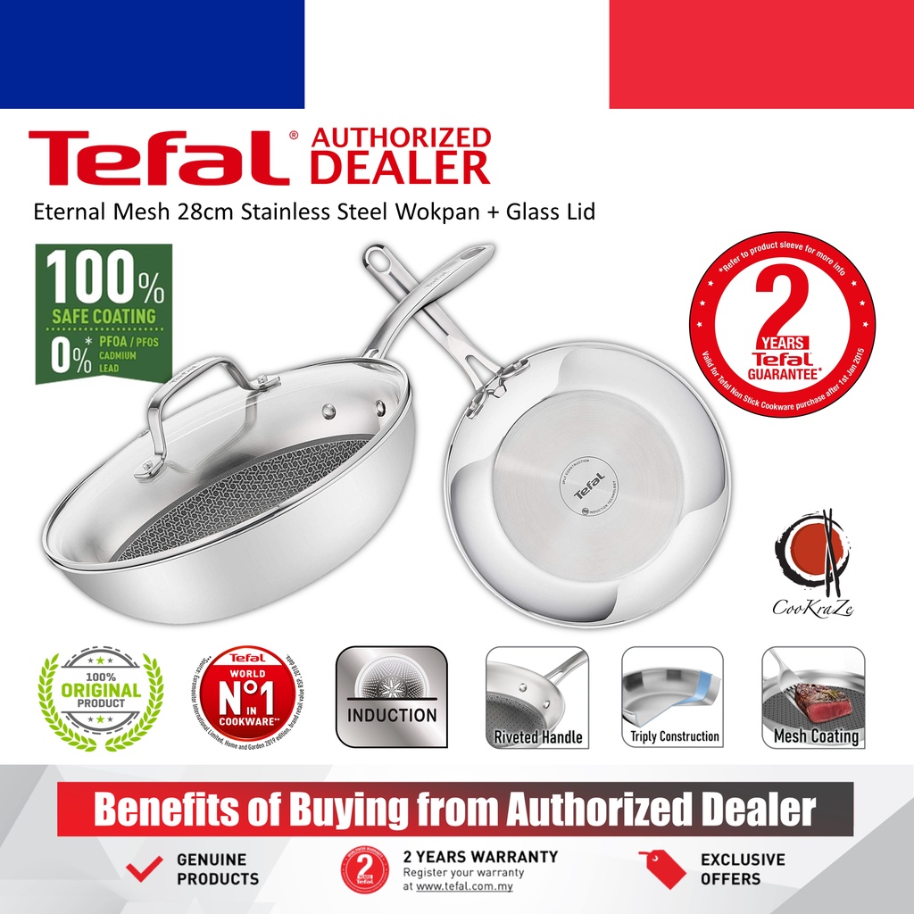 Tefal E49716 Padella Wok Eternal Mesh In Acciaio Inox - Antiaderente, Adatta A Induzione, 3 Strati