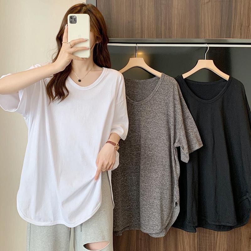 Plus Size】(40-150kg) Women Plain U Neck Plus Size T Shirt Korean Short  Sleeve Long Cutting Round Edge Oversized T-shirt Baggy Tops