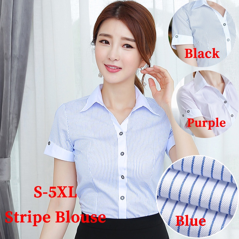 Women Short Sleeve Stripe Blouses Female Office Ladies OL Work Uniform