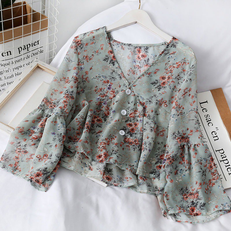 Ready Stock COD Baju Fashion Women Floral Blouse Korean Chiffon