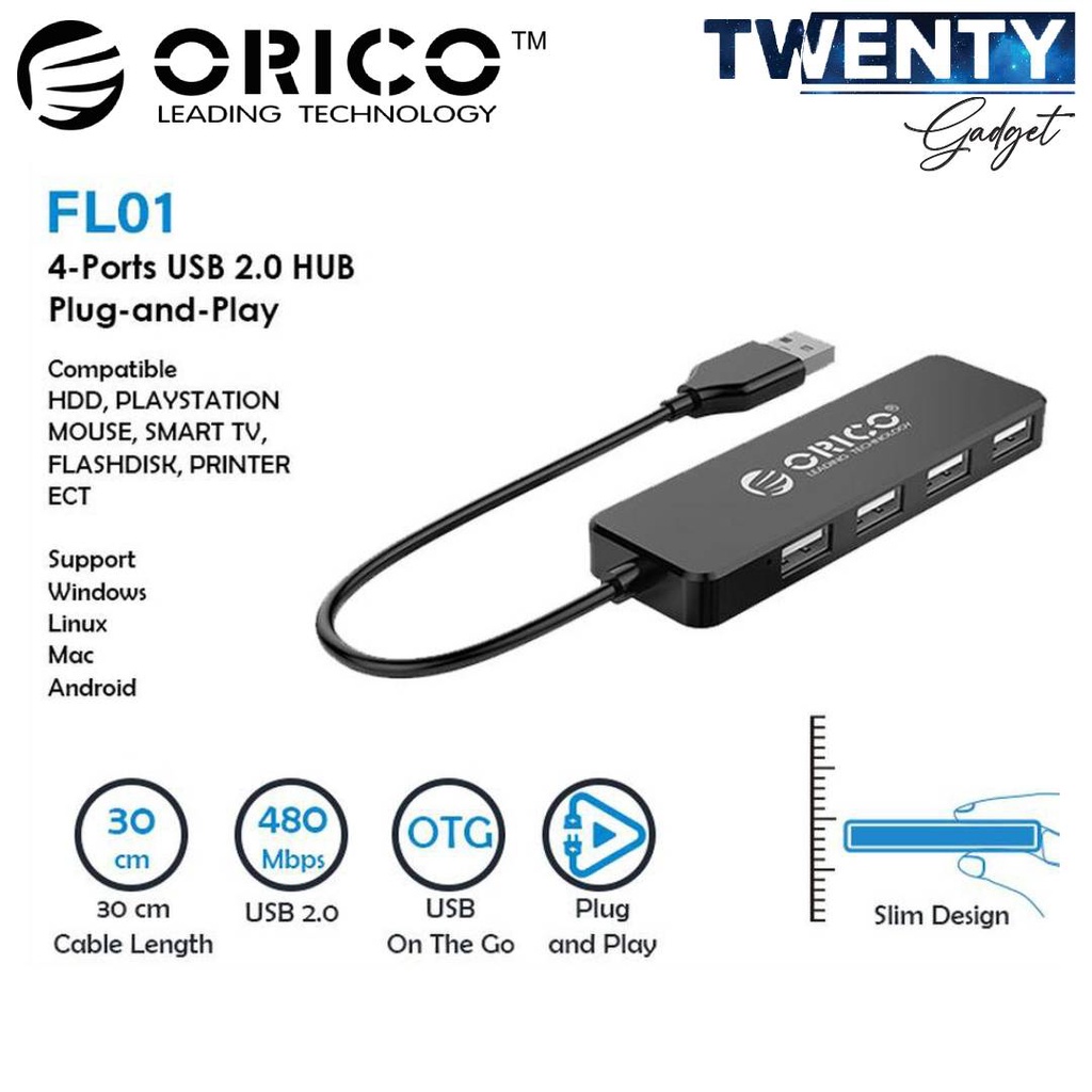 Orico FL01 4 Port USB Expansion Hub, 30CM Cable Length, 480Mbps