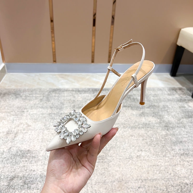 2022 summer new pointed toe rhinestone square buckle high heels ...