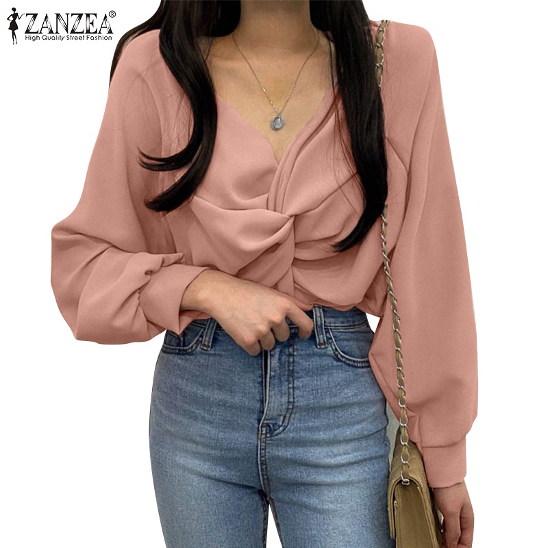 ZANZEA Women Korean Street Fashion Casual Long Sleeve V-Neck Pleated ...