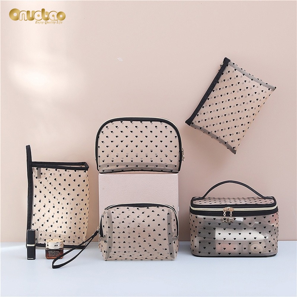 5pcs/set Mesh Makeup Bags Beige Heart Cosmetic Bag for Women Portable ...