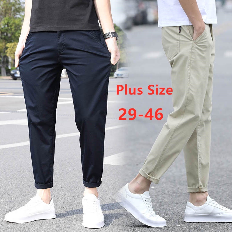 Summer Men's Plus Size Ankle Length Casual Pants Cotton Chinos Trousers  Black Grey Dark Blue Khaki Big Size 42 44 46
