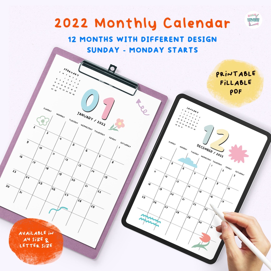 2022 Monthly Calendar | A4, Letter | Cute, Pastel, Colorful, Simple ...