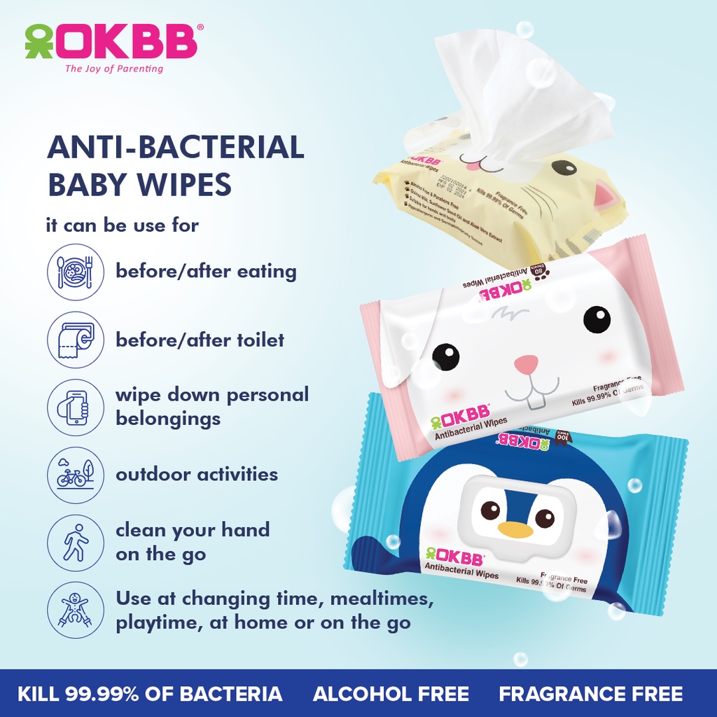 OKBB Baby Wipes 2 x 30's Anti Bacteria Fragrance Free BW60A | Shopee ...