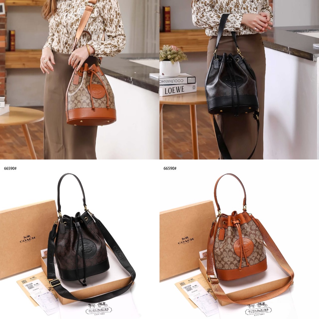 Coach 24Cm Dempsey Drawstring Bucket Bag In Signature 66590 Shopee