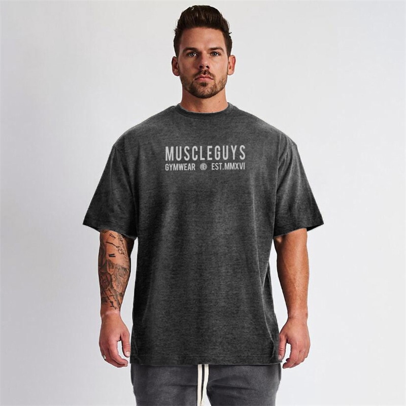 Muscleguys Brand Oversized T Shirt Men Dropped Shoulder Short Sleeve Fitness T Shirt Summer 