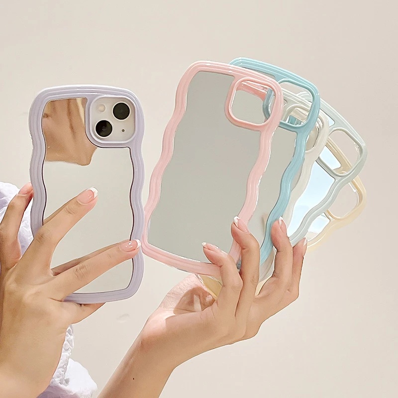 Cute Curly Wave Makeup Mirror Phone Case Compatible For iPhone 13 12 11