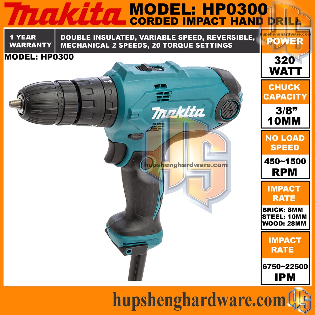 Makita HP0300 Corded Impact Driver Drill with 20 Torque