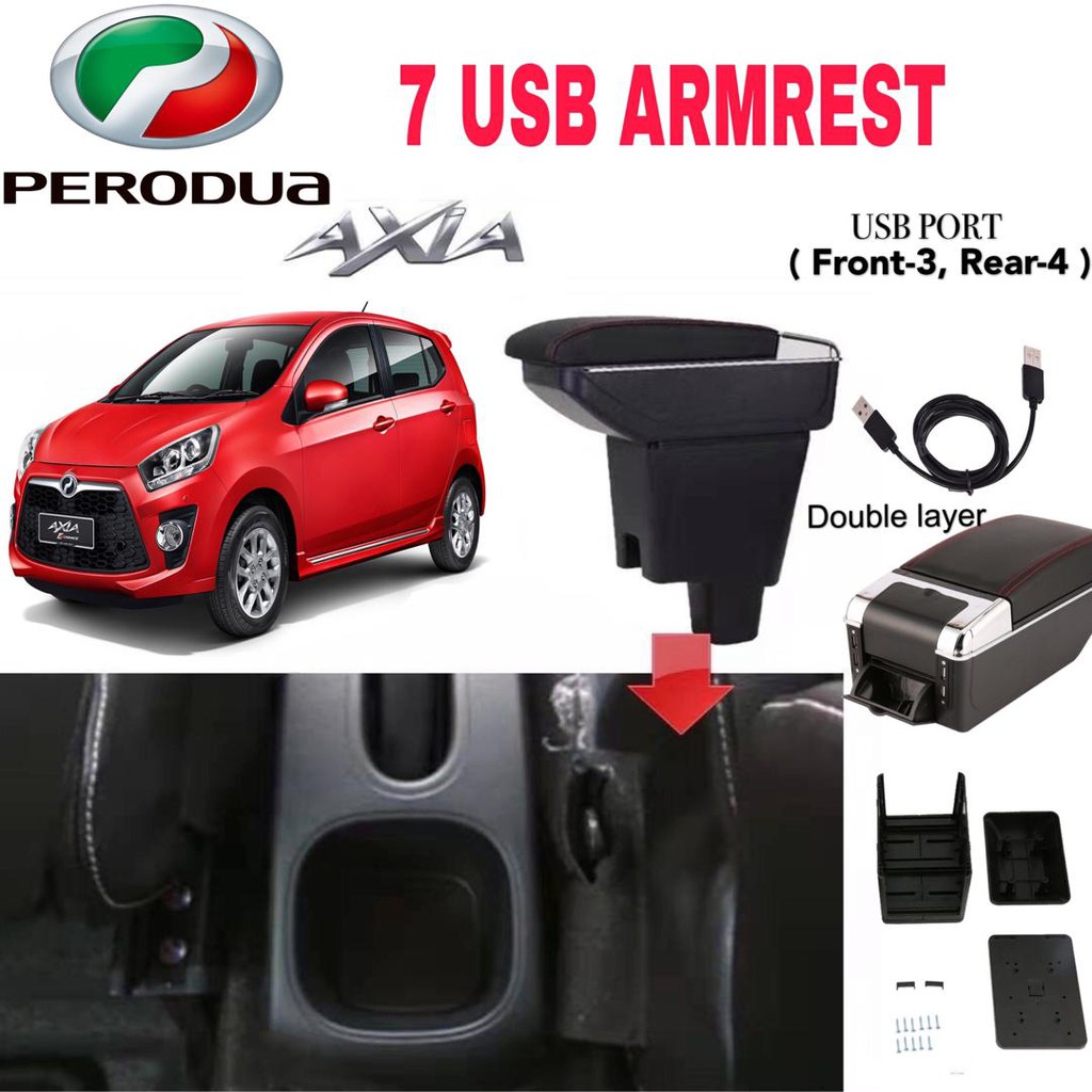 7 USB ARMREST Honda/Toyota/Perodua/Proton Adjustable with Cup Holder Armrest myvi saga flx viva