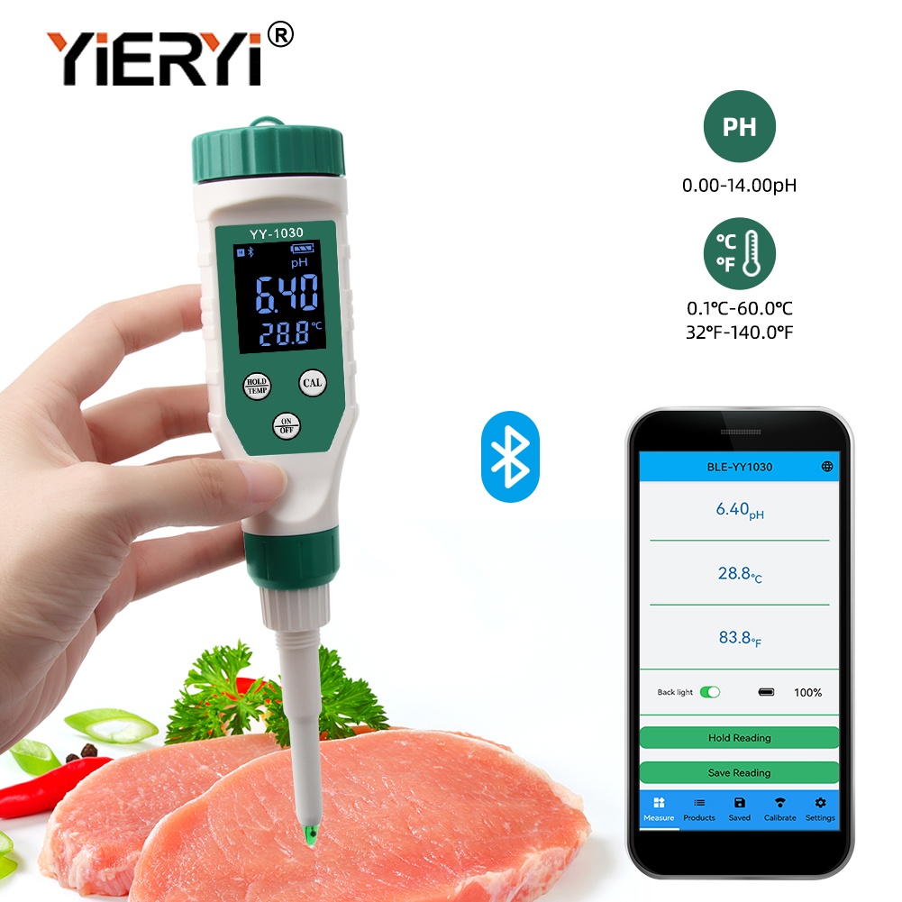 YIERYI Bluetooth Food pH Meter, 0.01 Resolution High Accuracy pH Tester