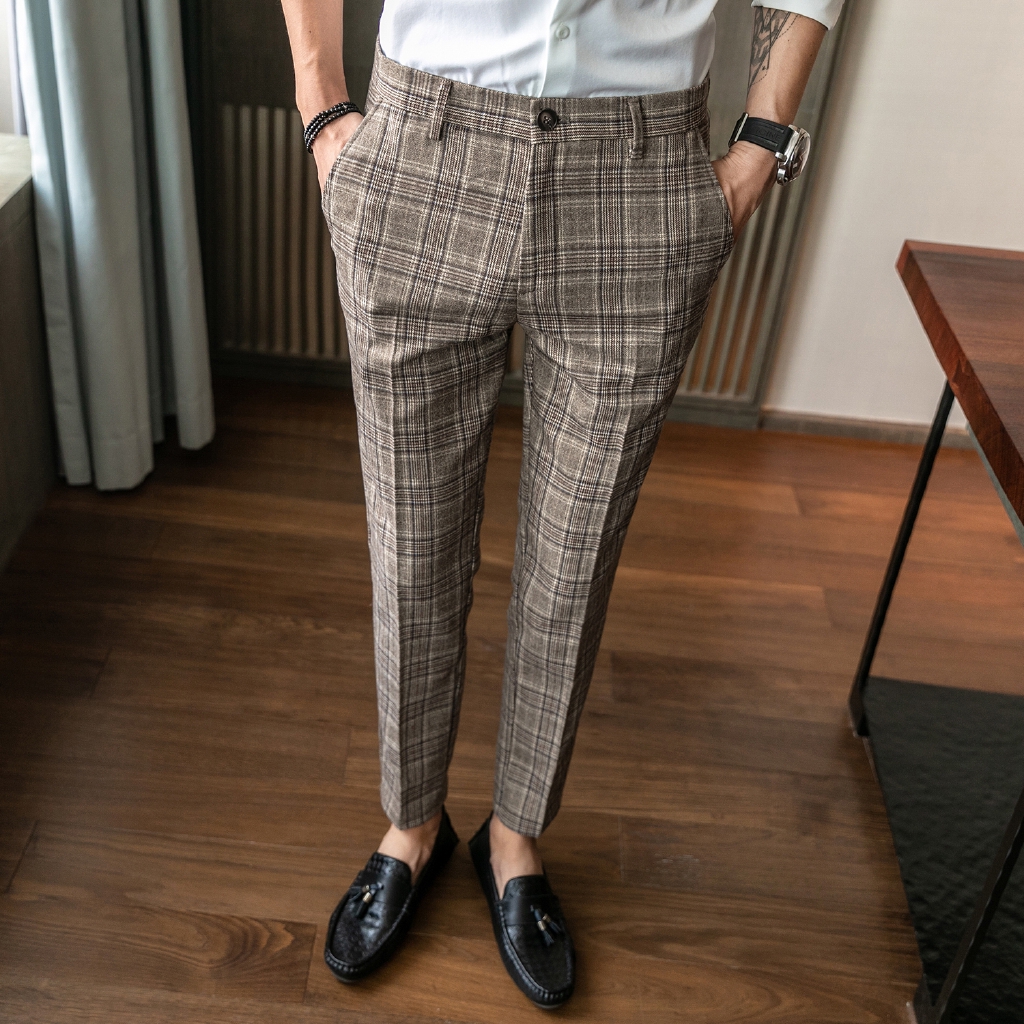 Korean Mens Formal Striped Cropped Pants Slim Fit Dress Business Pencil  Trousers