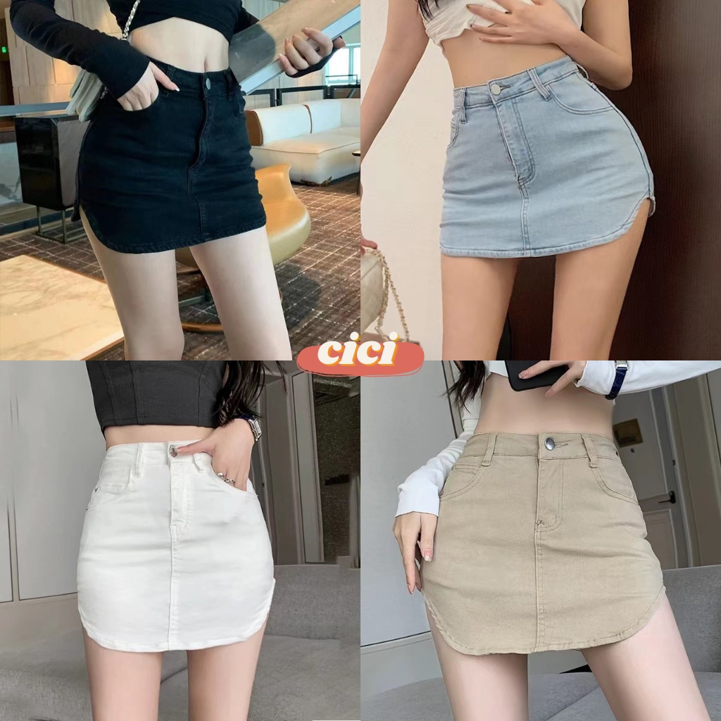 Cici (NO.2283)Short Denim Skirt Add Side Concave. Stretchable Beautiful ...