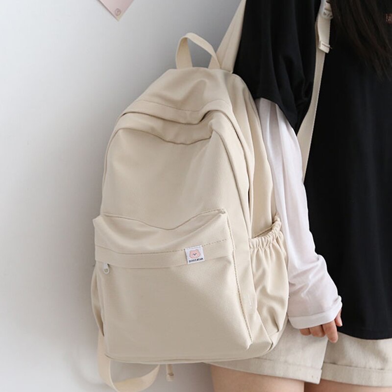 Solid Color Student Backpack Waterproof Canvas Cute Women School Bag ...