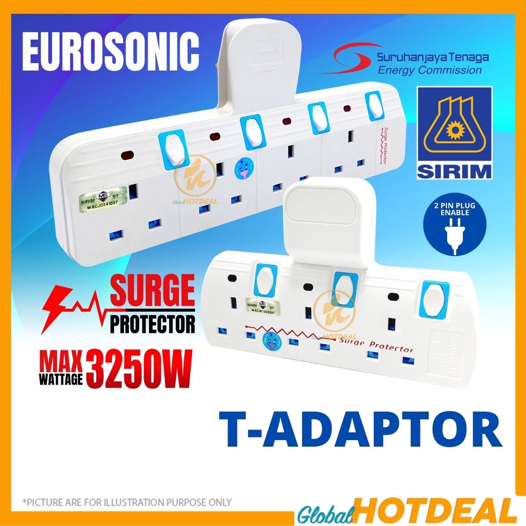 [SIRIM] EUROSONIC 3 WAY / 4 WAY T-ADAPTOR 3 Pin Socket Extension Plug ...