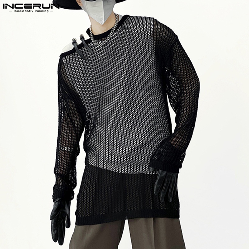 INCERUN Mens Long Sleeve Crew Neck Hollow Out See Through Pullover T Shirt