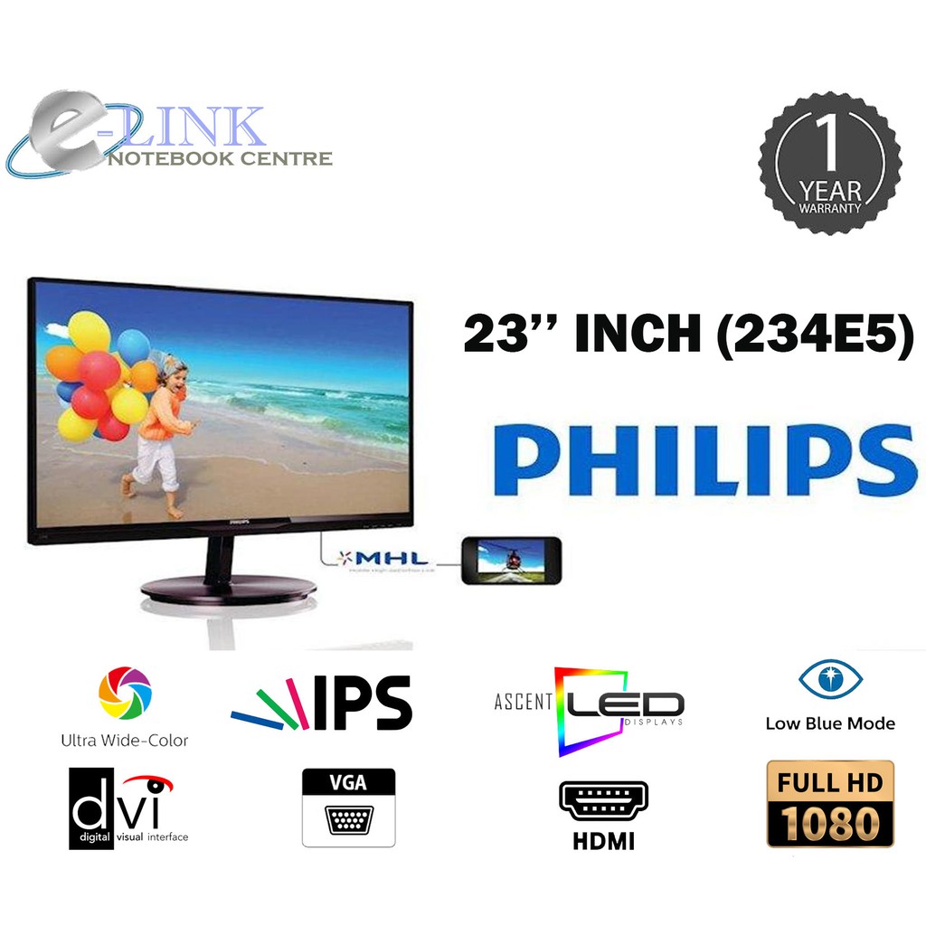 (NEW) PHILIPS 23'' LED MONITOR 234E5 / FULL HD 1080P / HDMI / VGA / DVI ...