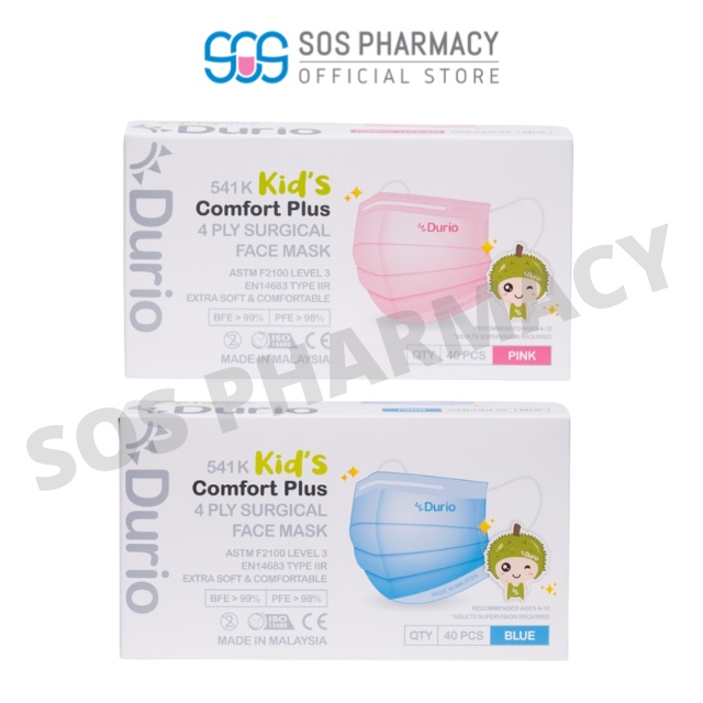 Durio 541K Kid’s Comfort Plus 4 Ply Surgical Face Mask (Pink/Blue) - 40 ...