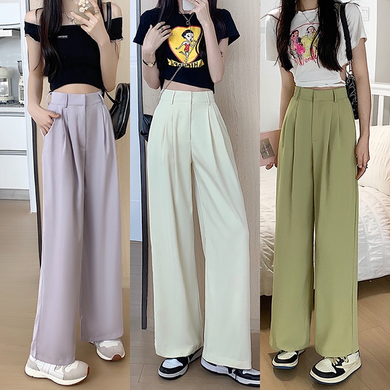 Summer Simple High Waist Loose Long Pants Solid Color Thin Women Wide ...