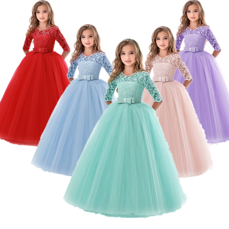 Girls Wedding Formal Gown Party Dress For Kids Flower Girl Dresses Lace Long Dress Children