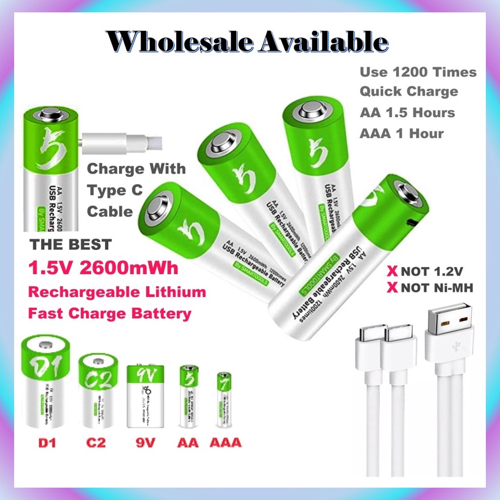 AAA 1.5V Rechargeable Battery 9V C2 D1 USB TypeC Lithium Fast Quick
