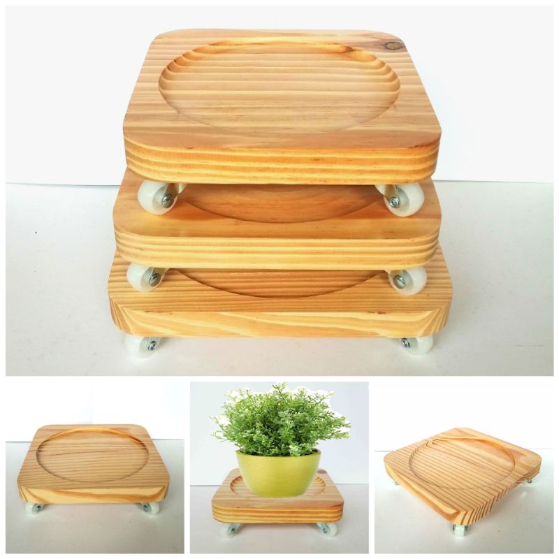 United Wheels 12-Inch Square Wood Roller Planter Caddy – Slatted, Fruitwood, Indoor/Outdoor