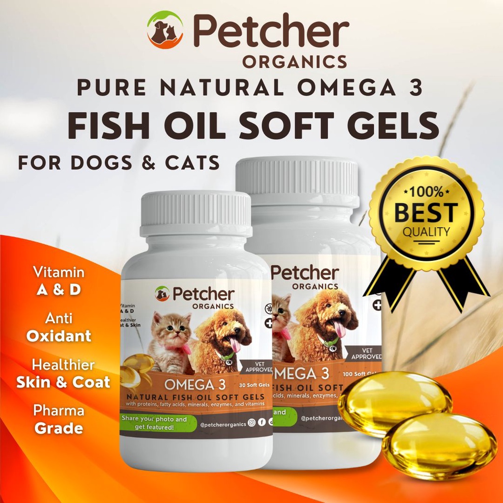 Petcher Omega 3 Natural Fish Oil Soft Gels for Dogs & Cats Supplement