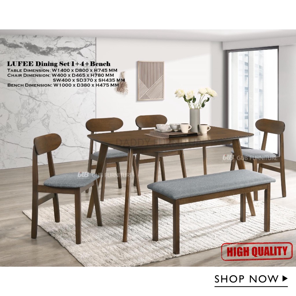 Solidwood Dining Set 1+4+Bench Meja Makan Murah Meja Makan Kayu Dining ...