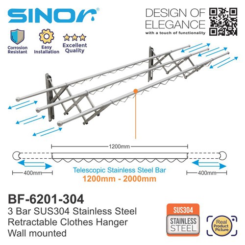SINOR 3BAR SUS304 STAINLESS STEEL RETRACTABLE CLOTHES HANGER WALL ...