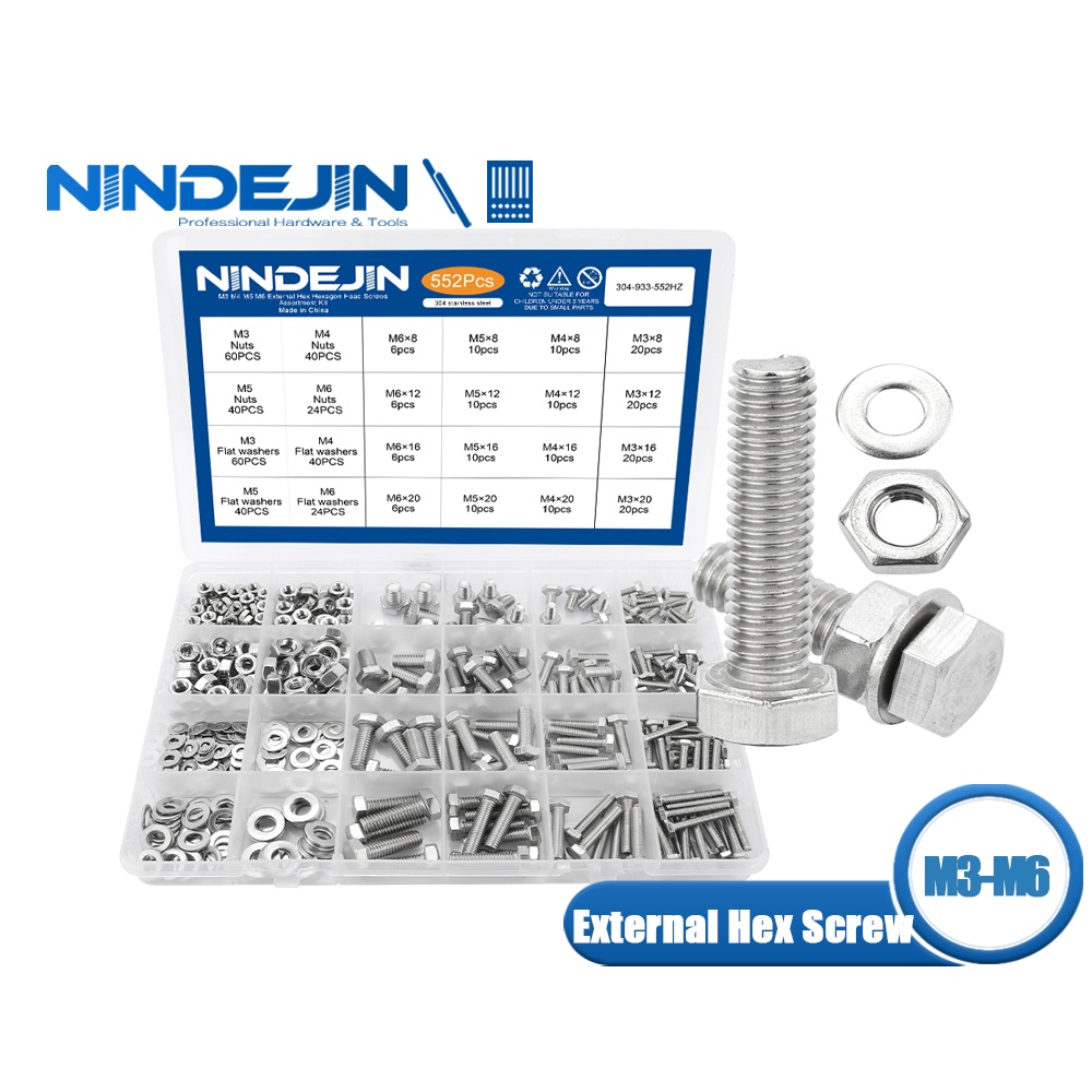 Nindejin External Hex Hexagon Head Screw Assorted Kit Set Stainless