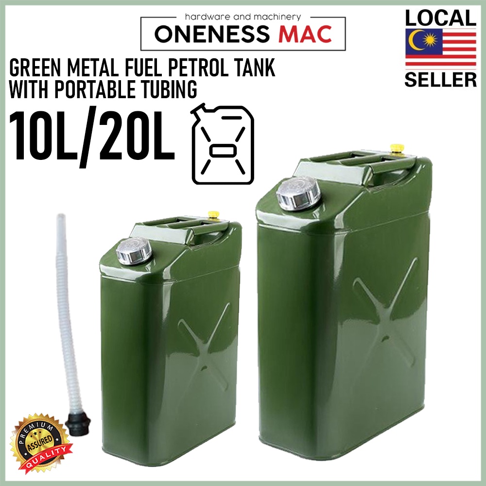 GREEN METAL FLEXIBLE SPOUT FUEL PETROL TANKS WITH PORTABLE TUBING