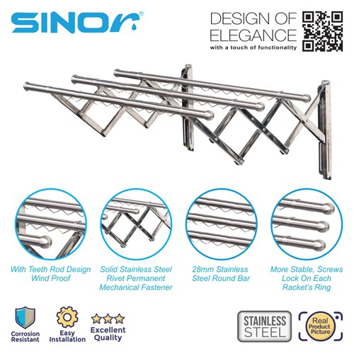 SINOR BF-6200-20 3BAR STAINLESS STEEL RETRACTABLE CLOTHES DRYING RACK ...