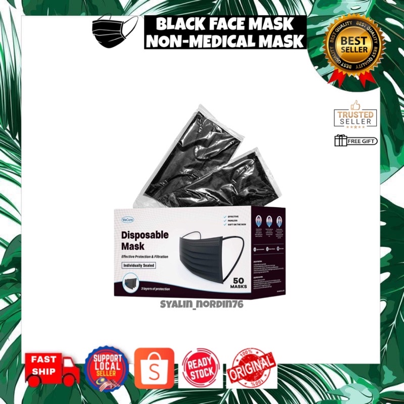 50pcs 1 box Full Black colour 3ply Face mask Non Medical Disposable ...