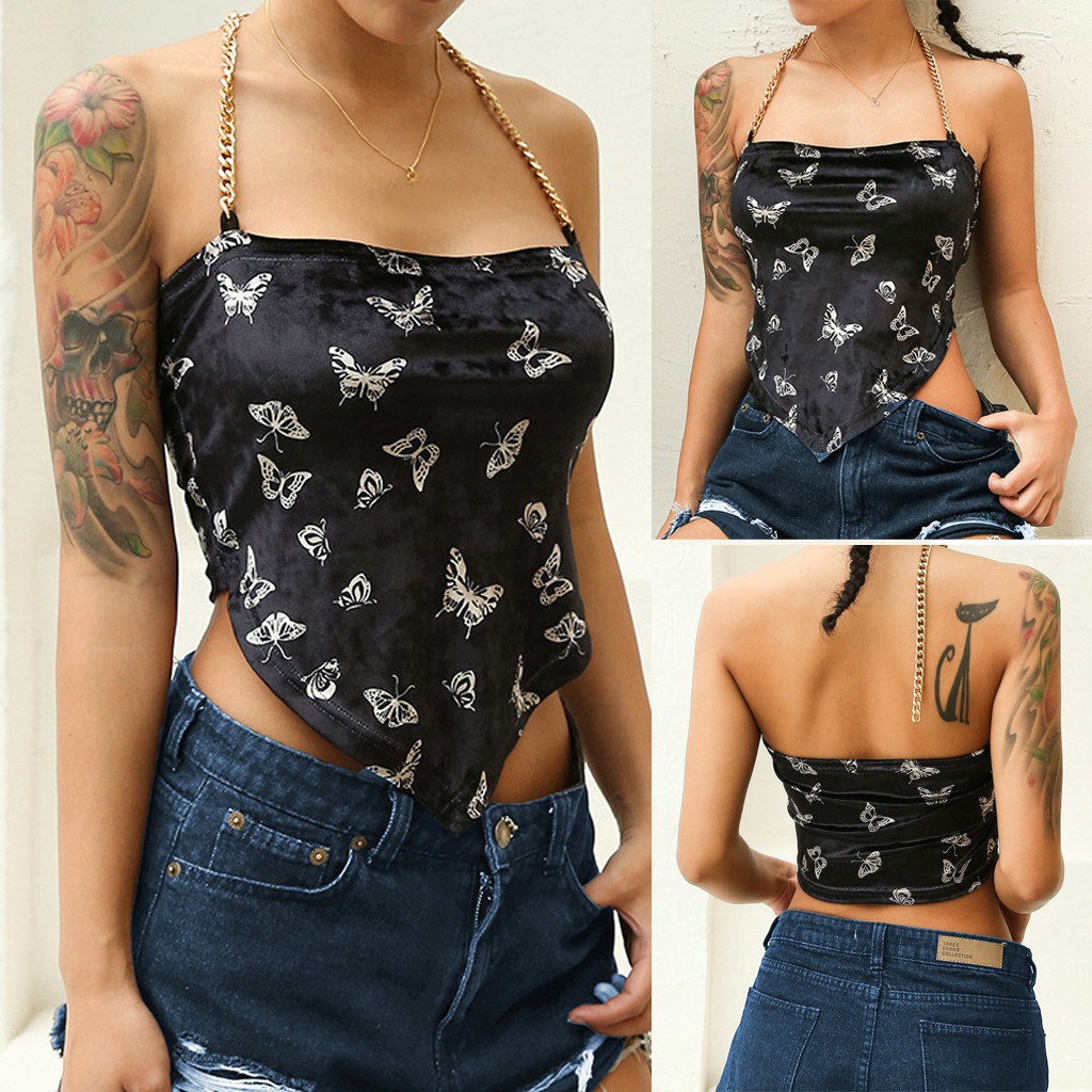 Fashion Women Chain Around Slash Neck Butterfly Print Bellyband Short