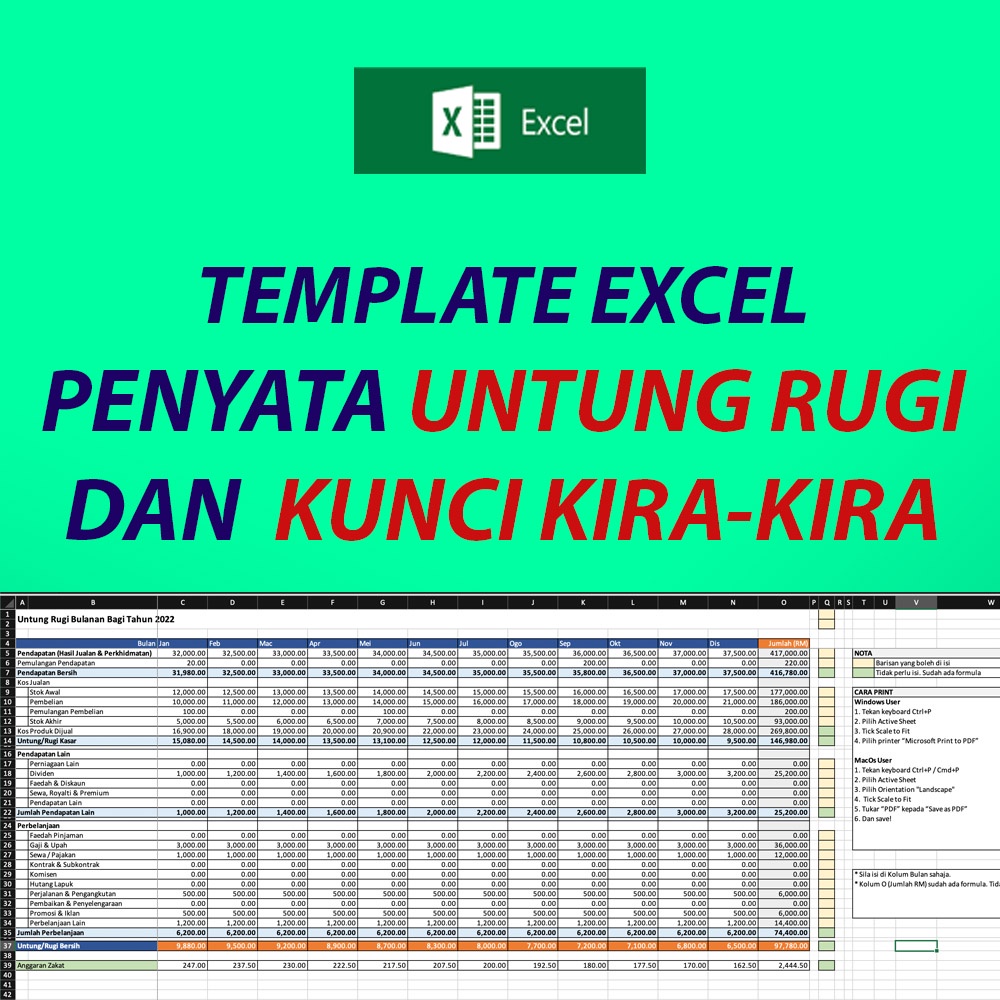Template Penyata Untung Rugi & Kunci Kirakira Excel Shopee Malaysia